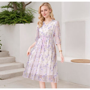 Silk Floral Dress High Waist For Wedding Guest L-XL Real Silk Life USA SHIP